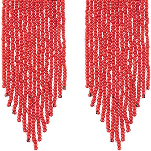 Long 4.5" Red Modern Art Deco Oversized Beaded Earrings Handmade Bohemian Tassel - Picture 4 of 6